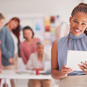 Black woman, fashion designer or digital tablet in clothes design planning, innovation vision or ecommerce order schedule. Portrait, smile or happy creative seamstress or technology in boutique store